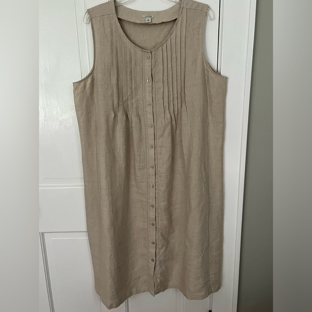 L.L. Bean 100% Linen Sleeveless Pleated Button Up Modest Casual Dress Size 18R